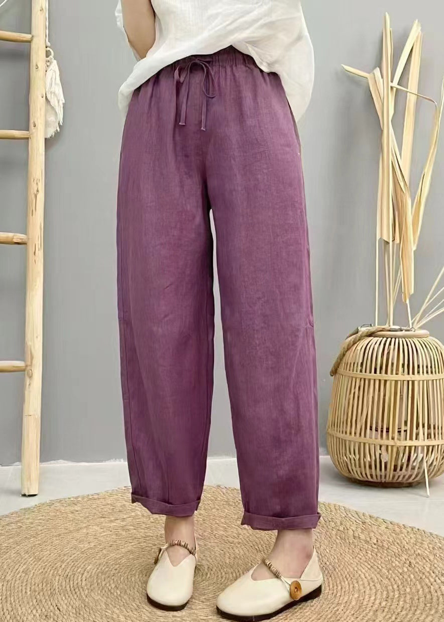 Pants Elastic Summer Waist Oversized Harem Linen Purple Boho - Image 1
