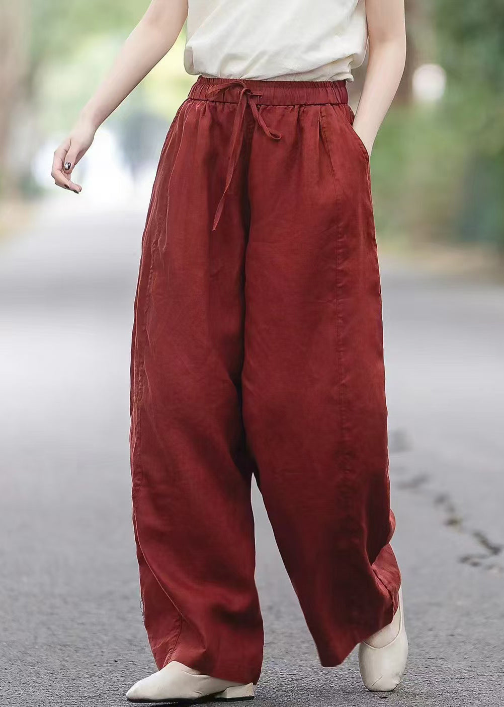 Pockets Elastic Pants Red Waist Summer Boutique Linen - Image 1