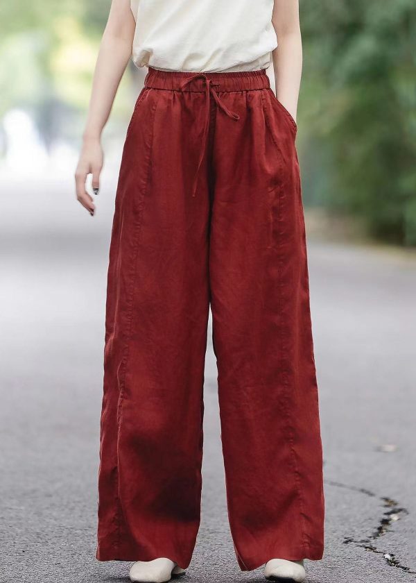 Pockets Elastic Pants Red Waist Summer Boutique Linen - Image 3
