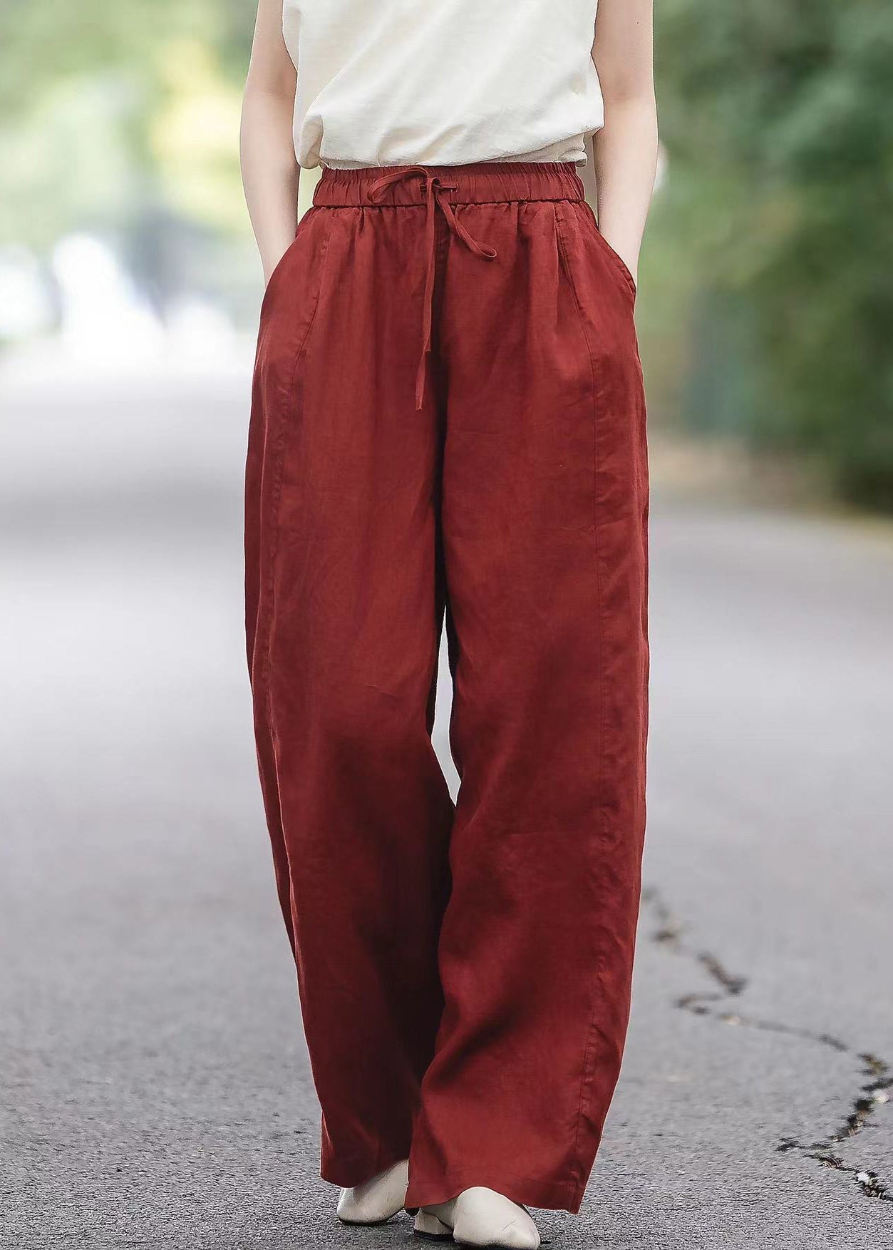 Pockets Elastic Pants Red Waist Summer Boutique Linen - Image 4