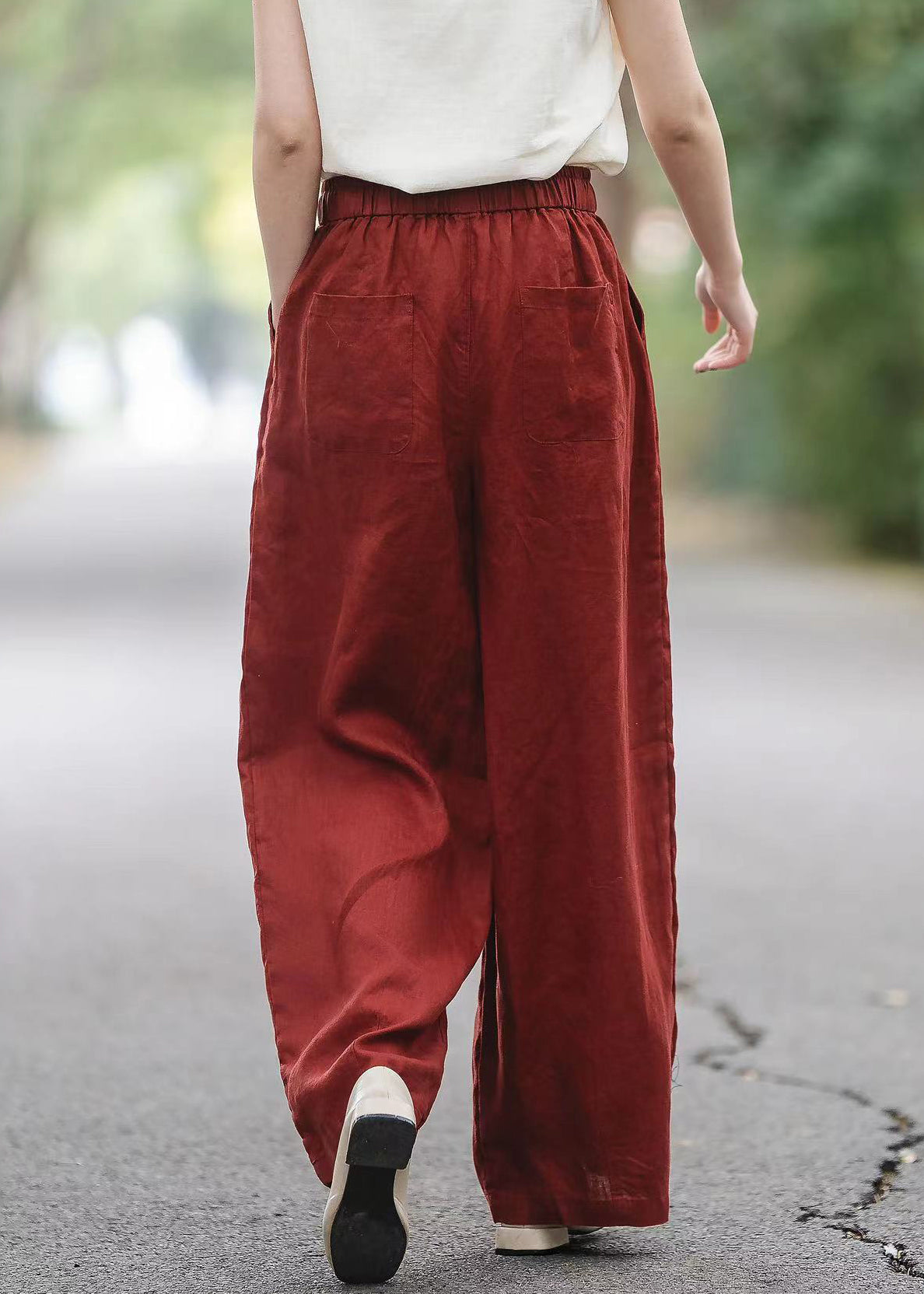 Pockets Elastic Pants Red Waist Summer Boutique Linen - Image 5