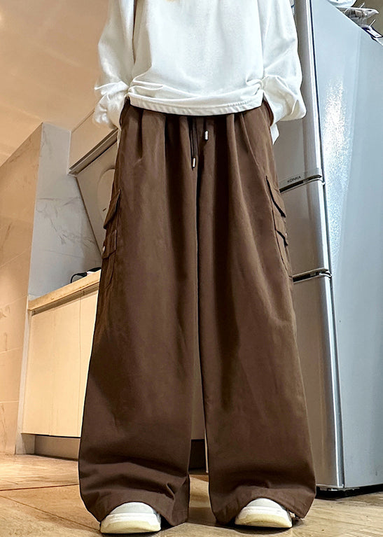 Pants Wide Leg Elastic Cotton Brown Waist Mens Drawstring Solid - Image 2
