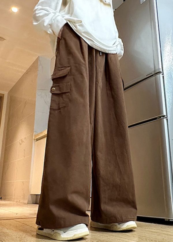 Pants Wide Leg Elastic Cotton Brown Waist Mens Drawstring Solid - Image 3