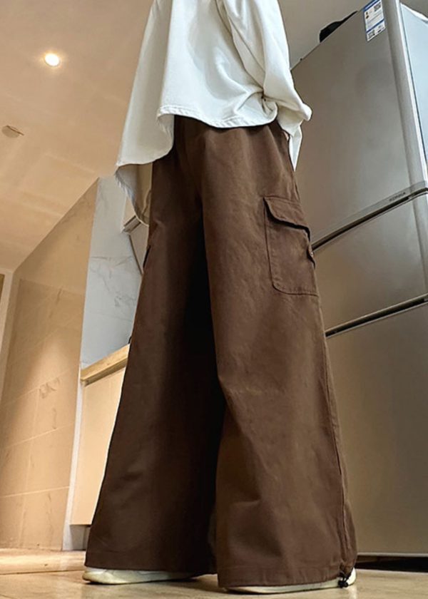 Pants Wide Leg Elastic Cotton Brown Waist Mens Drawstring Solid - Image 4