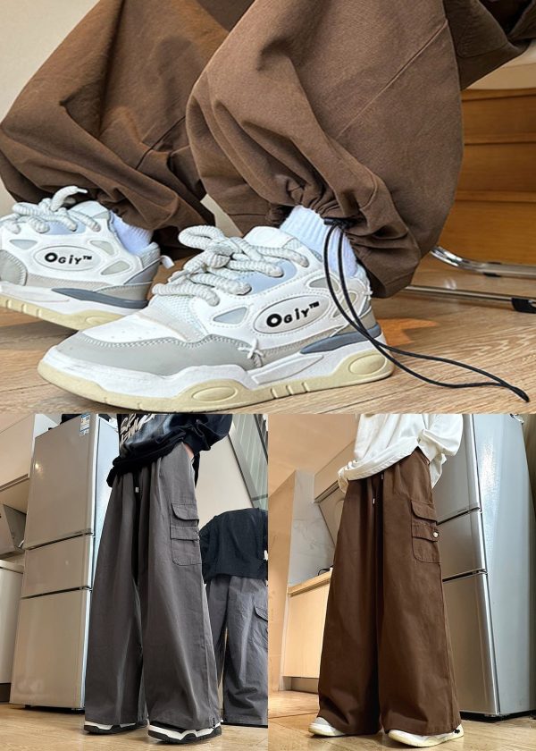Pants Wide Leg Elastic Cotton Brown Waist Mens Drawstring Solid - Image 5