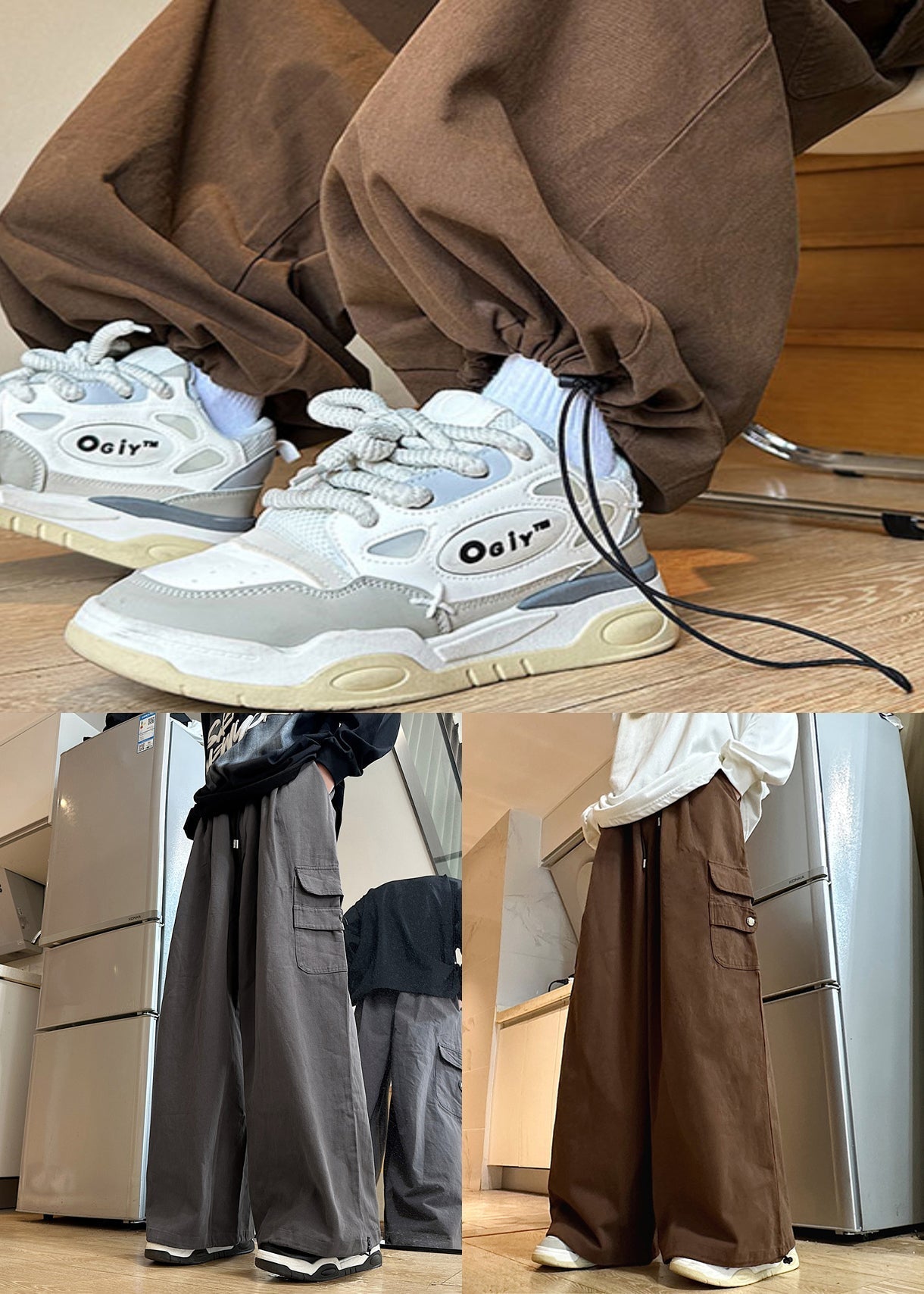 Pants Wide Leg Elastic Cotton Brown Waist Mens Drawstring Solid - Image 5