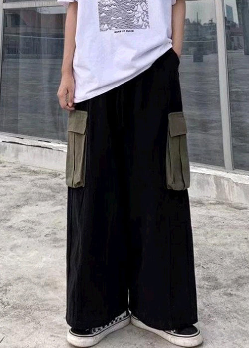 Pants Black Cotton Casual Summer Patchwork Leg Men Pockets Wide - Image 2