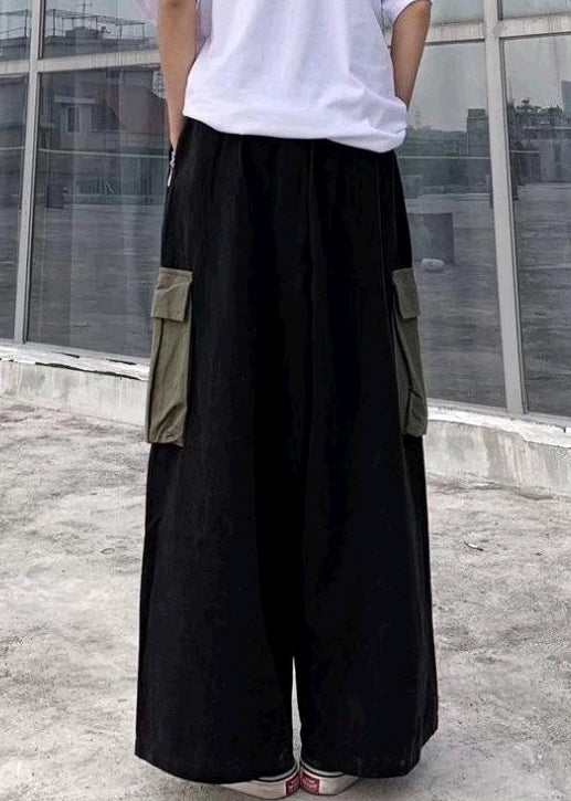 Pants Black Cotton Casual Summer Patchwork Leg Men Pockets Wide - Image 4