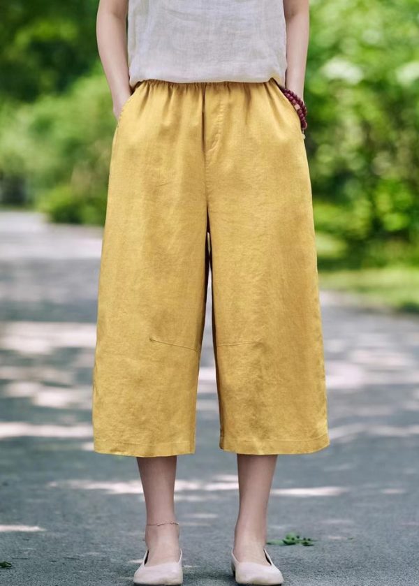 Elastic Waist Linen Pockets Summer Casual Pants Crop - Image 2