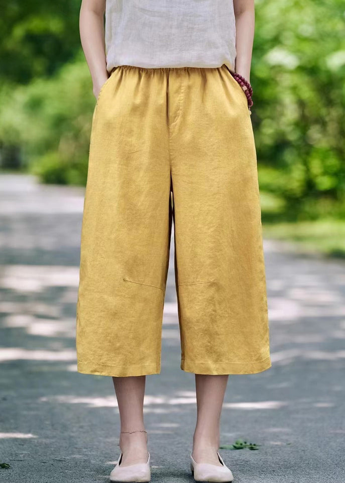Elastic Waist Linen Pockets Summer Casual Pants Crop - Image 2