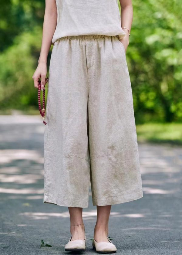 Elastic Waist Linen Pockets Summer Casual Pants Crop - Image 3