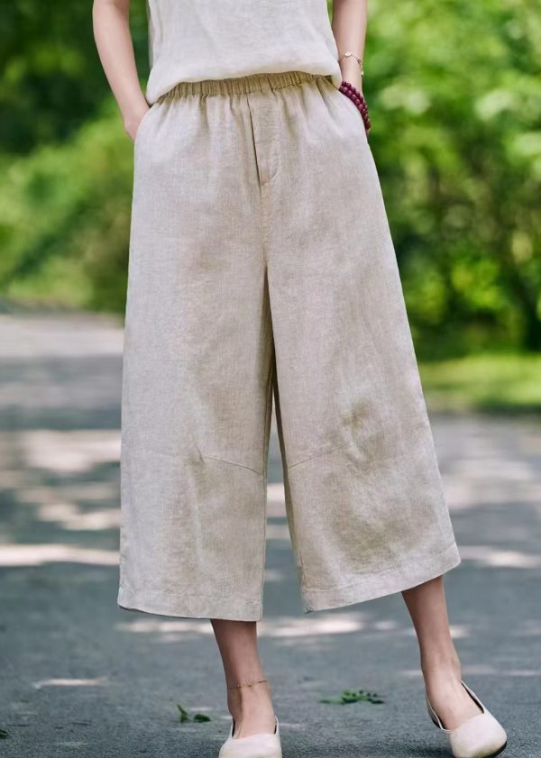 Elastic Waist Linen Pockets Summer Casual Pants Crop - Image 4