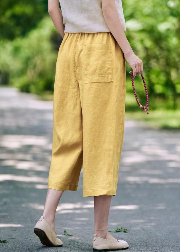 Elastic Waist Linen Pockets Summer Casual Pants Crop - Image 5