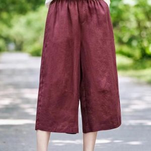 Crop Elastic Mulberry Summer Waist Pants Casual Linen Pockets