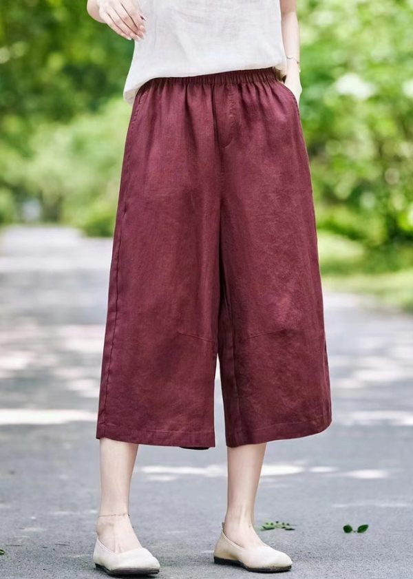 Crop Elastic Mulberry Summer Waist Pants Casual Linen Pockets - Image 1