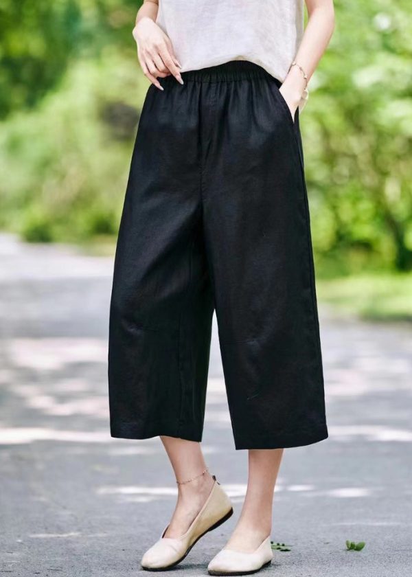 Crop Elastic Mulberry Summer Waist Pants Casual Linen Pockets - Image 4