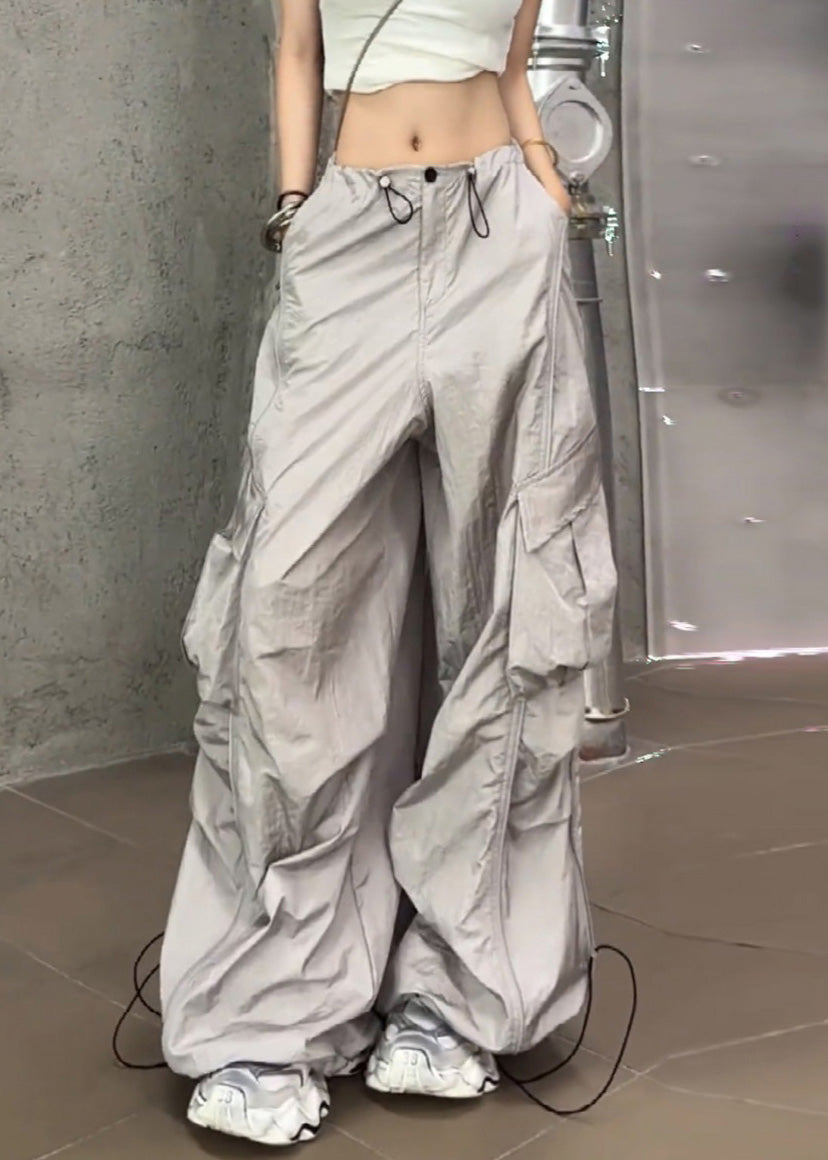 Casual Silvery Summer Drawstring Pants Pockets - Image 1
