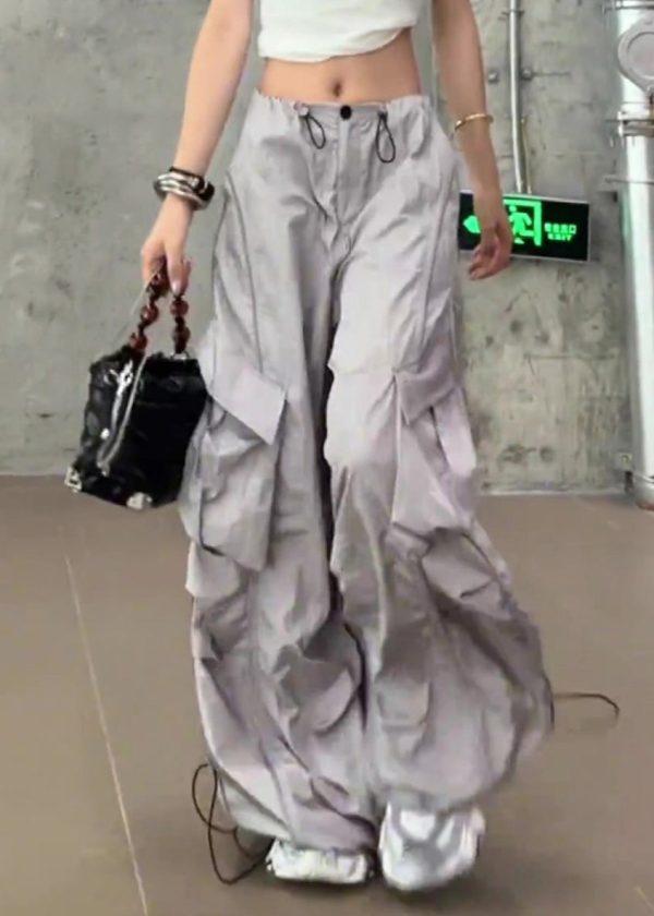 Casual Silvery Summer Drawstring Pants Pockets - Image 2