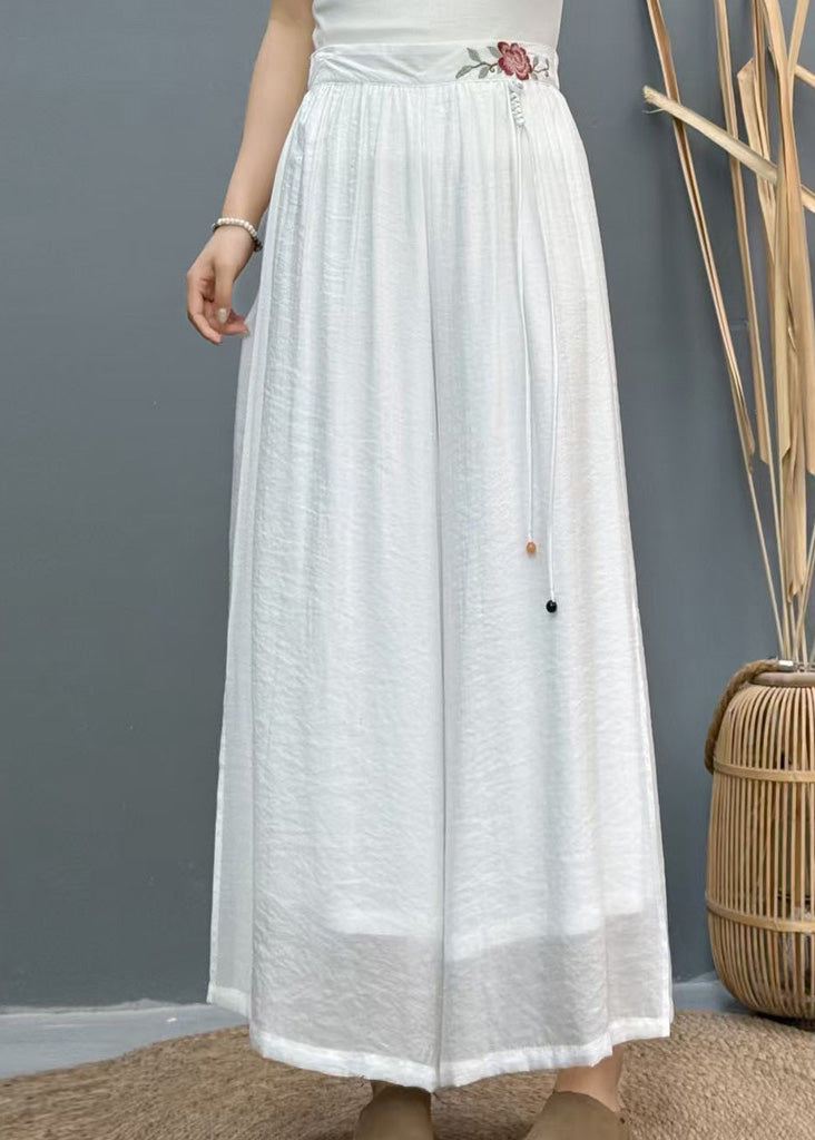 Wide Side Embroidered Summer Pants White Leg Linen Open Casual - Image 1