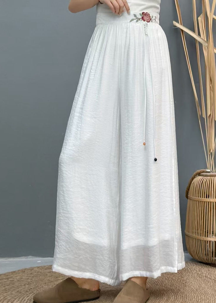 Wide Side Embroidered Summer Pants White Leg Linen Open Casual - Image 5