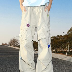 Casual Summer Pants Embroideried White Cotton Mens Pockets