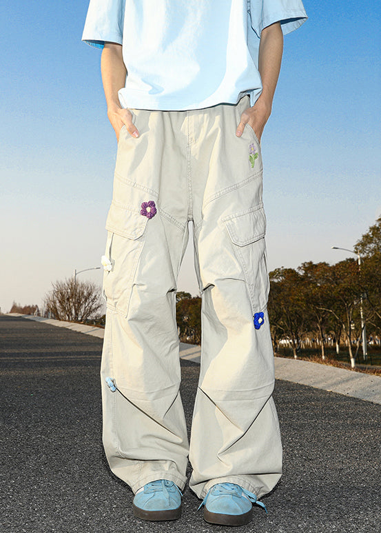 Casual Summer Pants Embroideried White Cotton Mens Pockets - Image 1