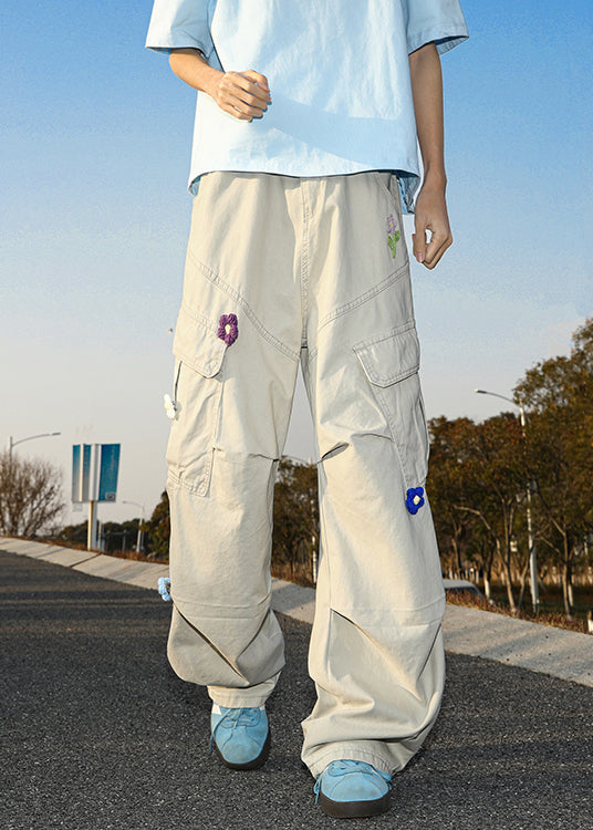 Casual Summer Pants Embroideried White Cotton Mens Pockets - Image 2