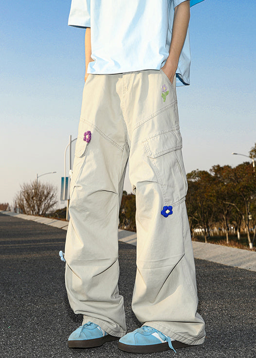 Casual Summer Pants Embroideried White Cotton Mens Pockets - Image 3