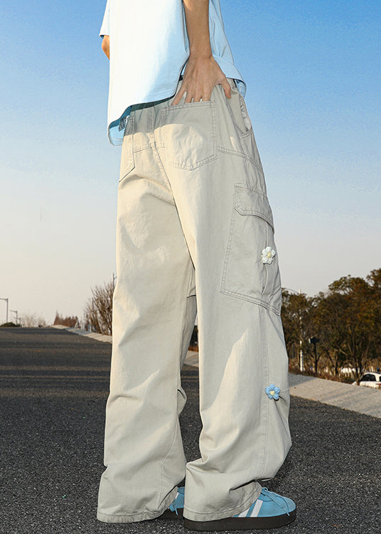 Casual Summer Pants Embroideried White Cotton Mens Pockets - Image 4