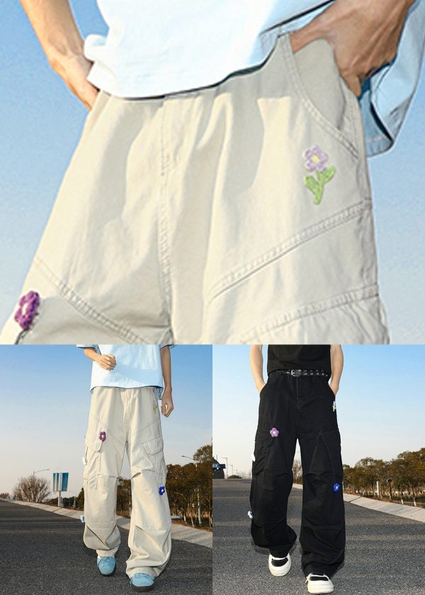Casual Summer Pants Embroideried White Cotton Mens Pockets - Image 5
