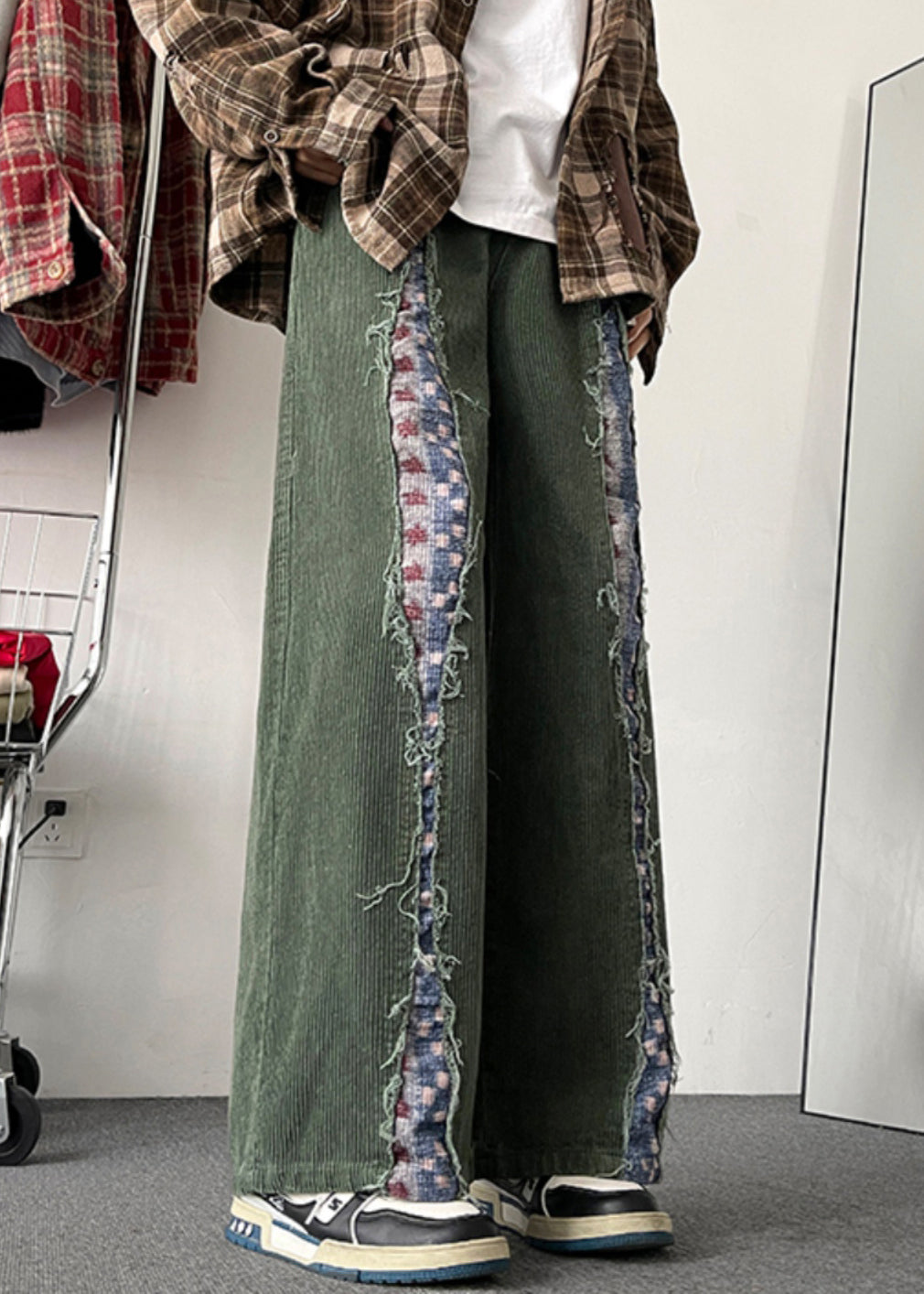 Army Chic Patchwork Pants Original Mens Design Green Corduroy - Image 1