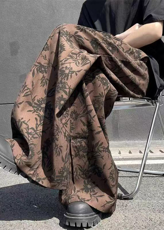 Cotton Leg Wide Print High Waist Men Chic Summer Coffee Pants - Image 1