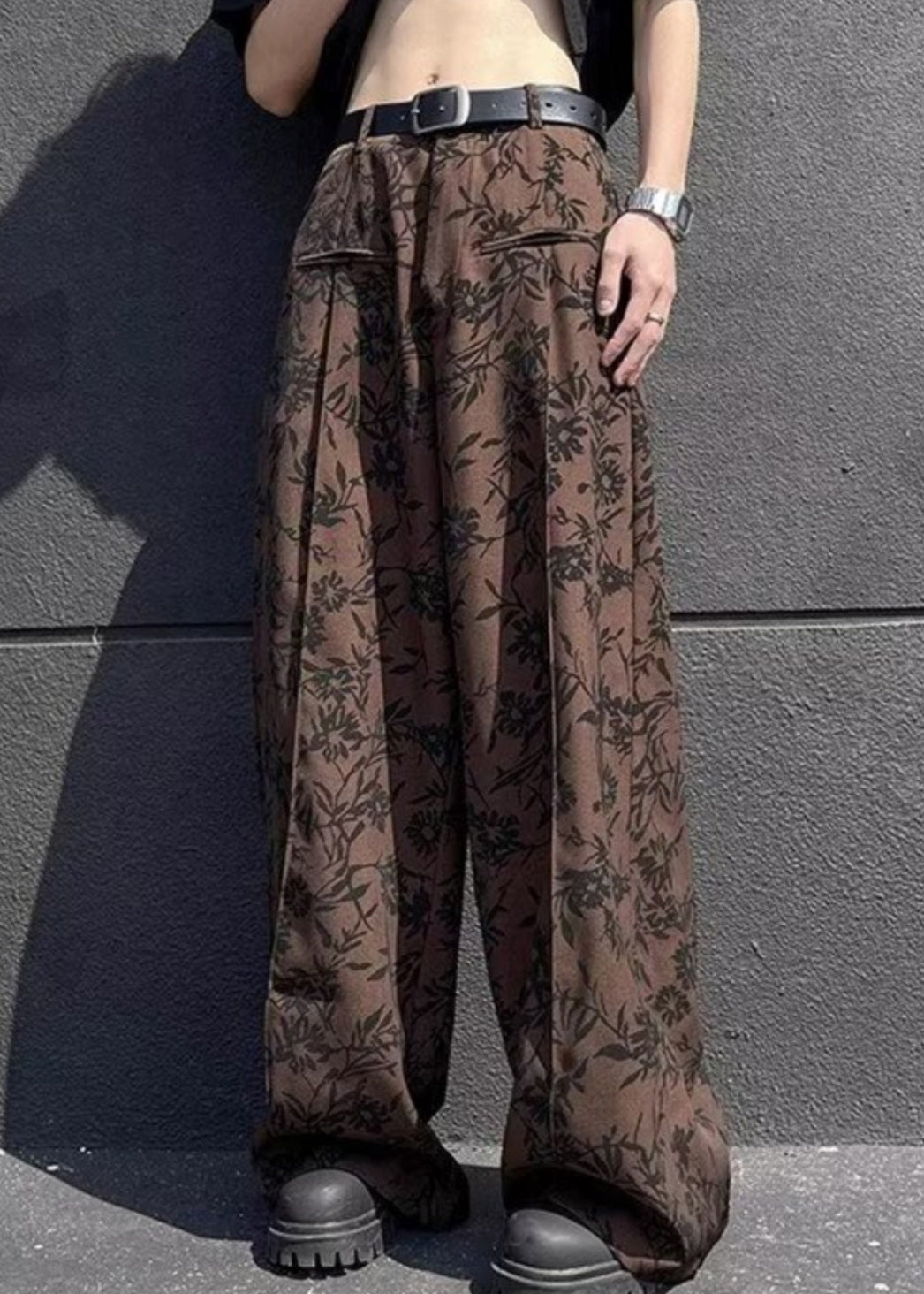 Cotton Leg Wide Print High Waist Men Chic Summer Coffee Pants - Image 2