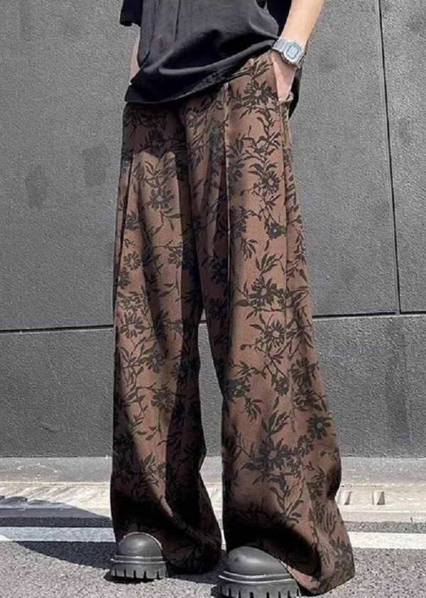 Cotton Leg Wide Print High Waist Men Chic Summer Coffee Pants - Image 3