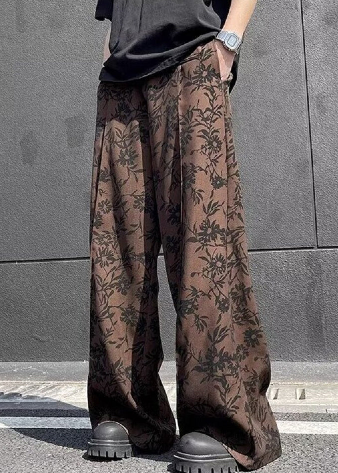 Cotton Leg Wide Print High Waist Men Chic Summer Coffee Pants - Image 3