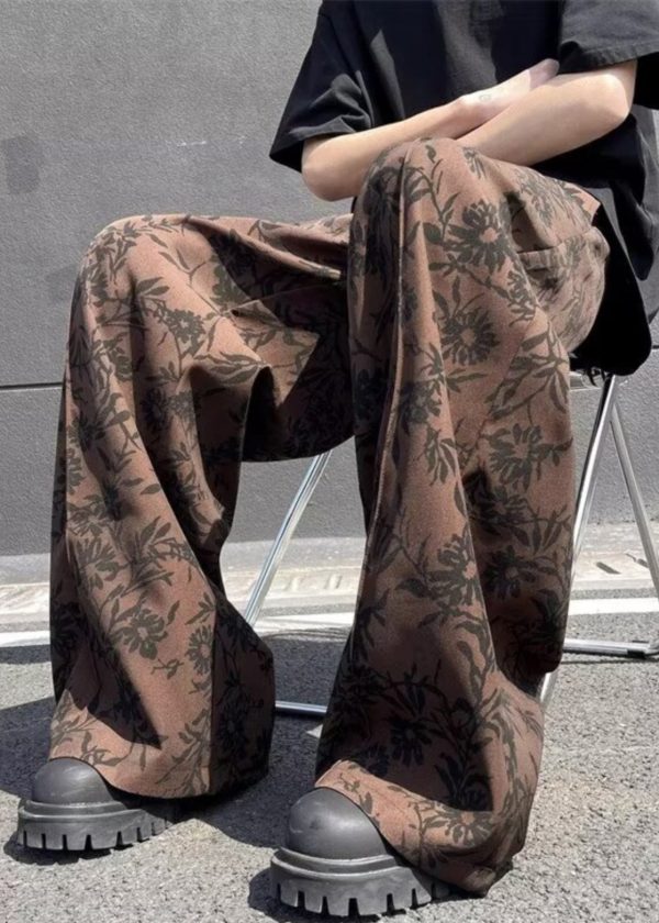 Cotton Leg Wide Print High Waist Men Chic Summer Coffee Pants - Image 4