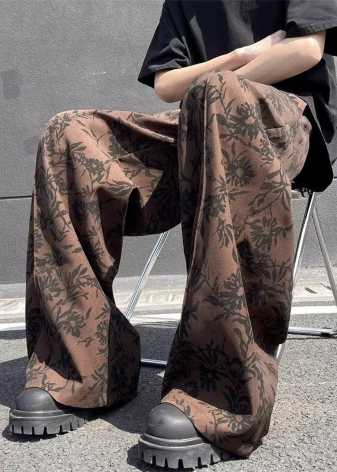 Cotton Leg Wide Print High Waist Men Chic Summer Coffee Pants - Image 4