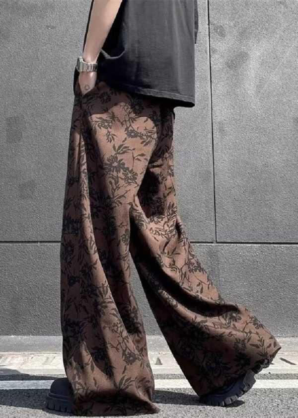 Cotton Leg Wide Print High Waist Men Chic Summer Coffee Pants - Image 5