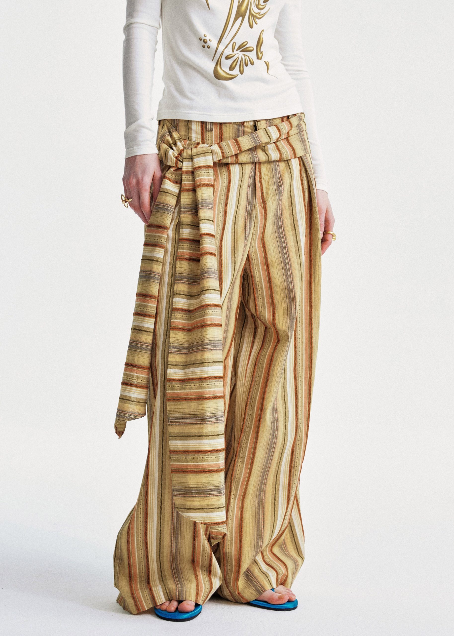 Yellow Cotton Summer Striped Pants Chic Leg Wide - Image 1