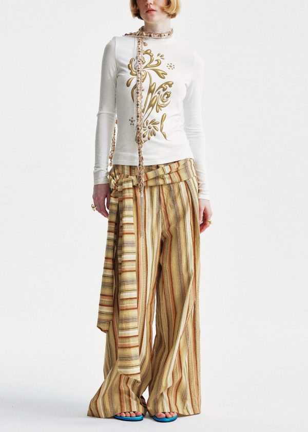 Yellow Cotton Summer Striped Pants Chic Leg Wide - Image 2