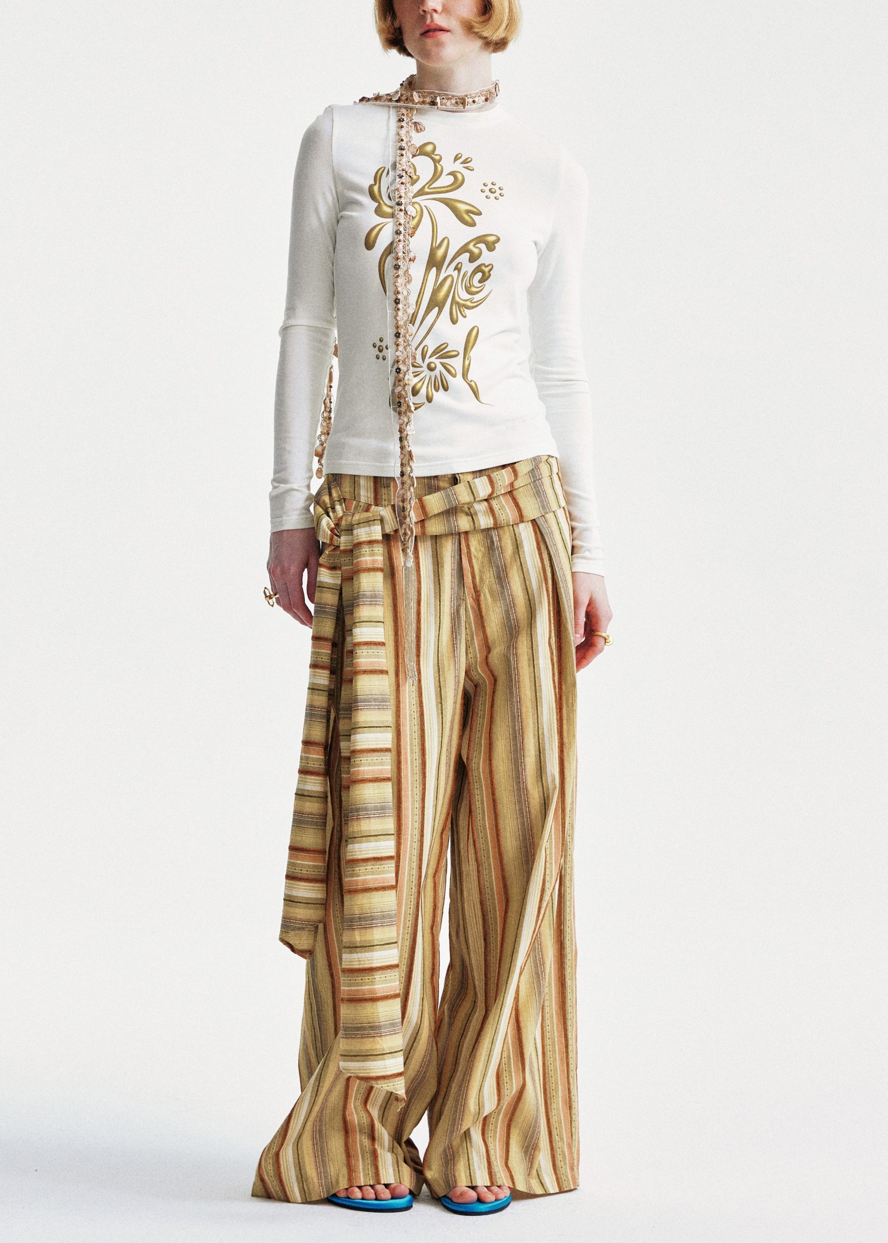 Yellow Cotton Summer Striped Pants Chic Leg Wide - Image 2