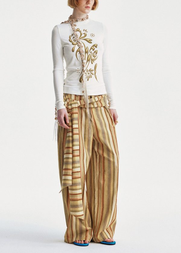 Yellow Cotton Summer Striped Pants Chic Leg Wide - Image 3