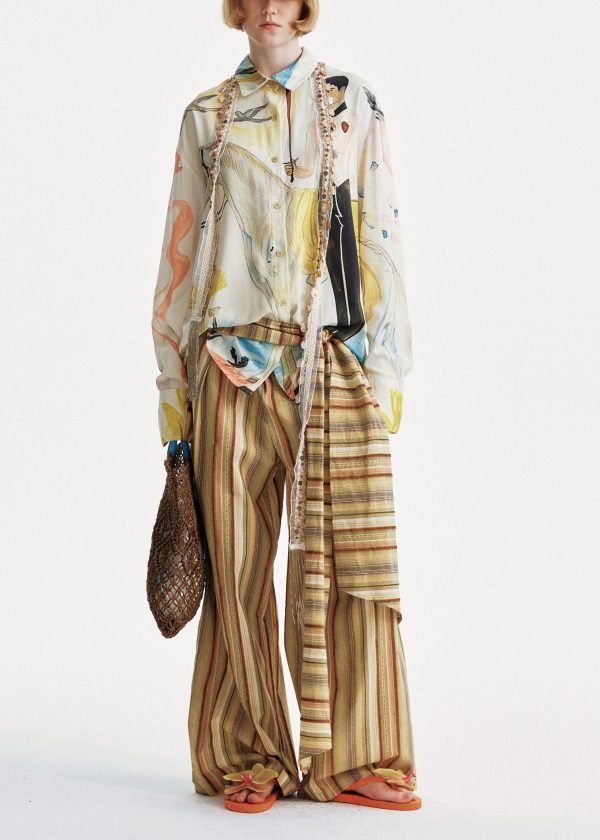 Yellow Cotton Summer Striped Pants Chic Leg Wide - Image 4