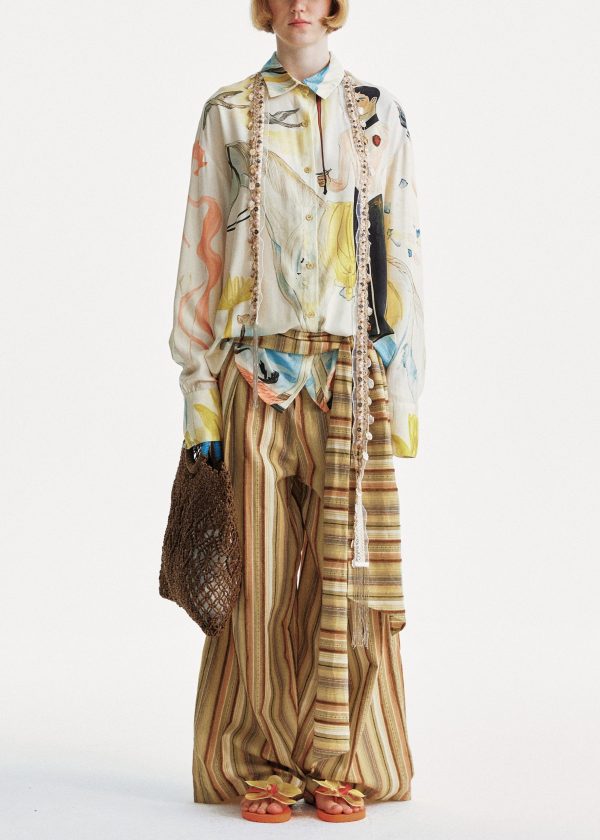 Yellow Cotton Summer Striped Pants Chic Leg Wide - Image 5