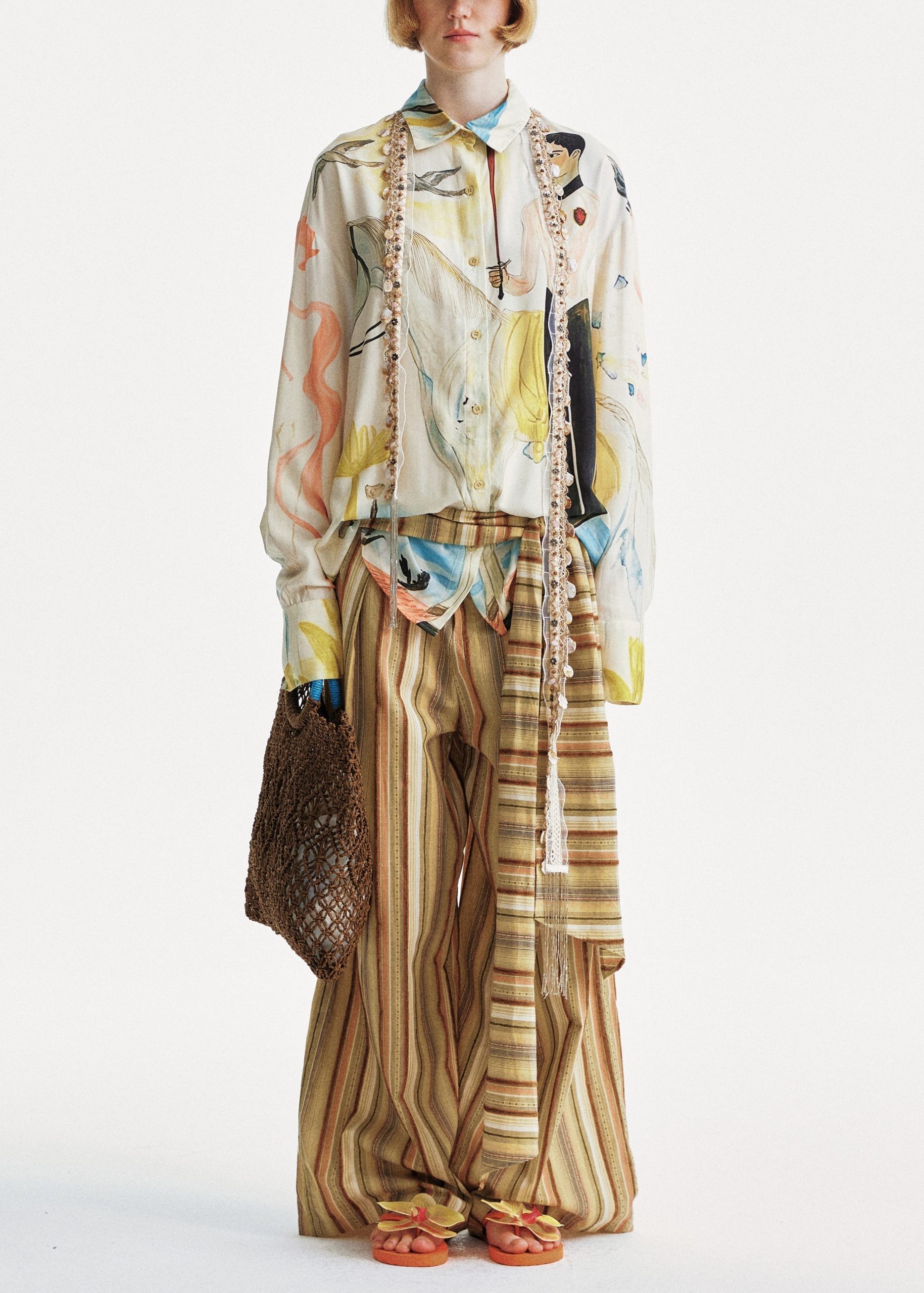 Yellow Cotton Summer Striped Pants Chic Leg Wide - Image 5