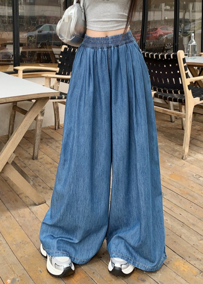 Pants Denim Summer Leg Navy Wide Waist Elastic Fashion - Image 1