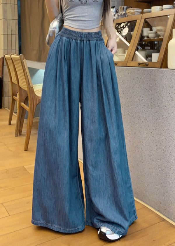 Pants Denim Summer Leg Navy Wide Waist Elastic Fashion - Image 2