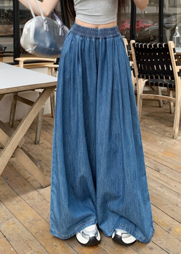 Pants Denim Summer Leg Navy Wide Waist Elastic Fashion - Image 3