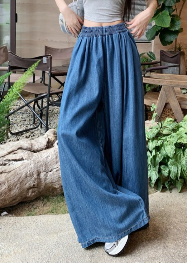 Pants Denim Summer Leg Navy Wide Waist Elastic Fashion - Image 4