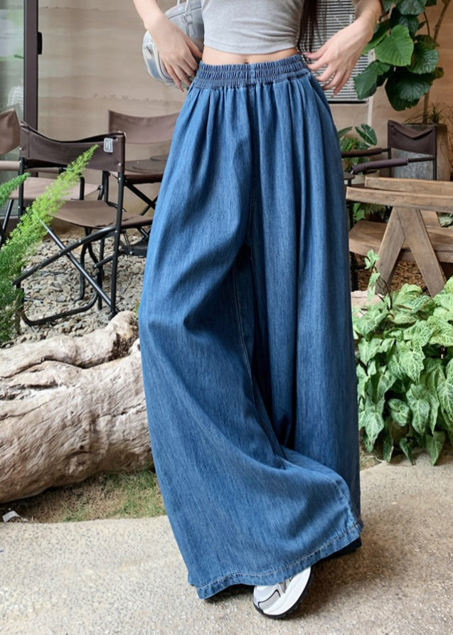 Pants Denim Summer Leg Navy Wide Waist Elastic Fashion - Image 4